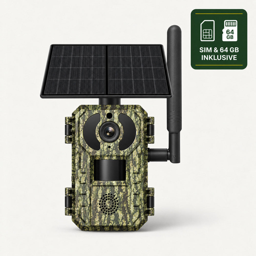 Caméra de chasse 4G 2K avec panneau solaire, carte SIM et microSD 64 Go