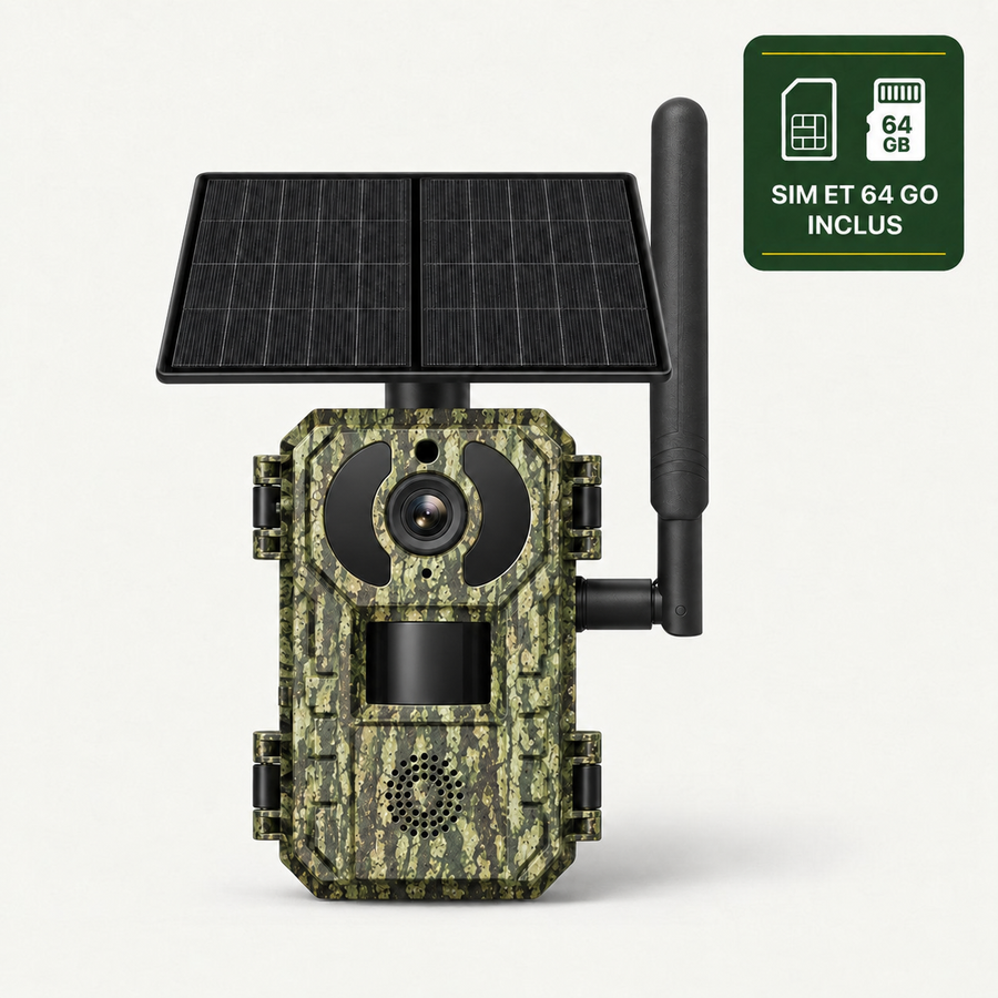 Caméra de chasse 4G 2K avec panneau solaire, carte SIM et microSD 64 Go