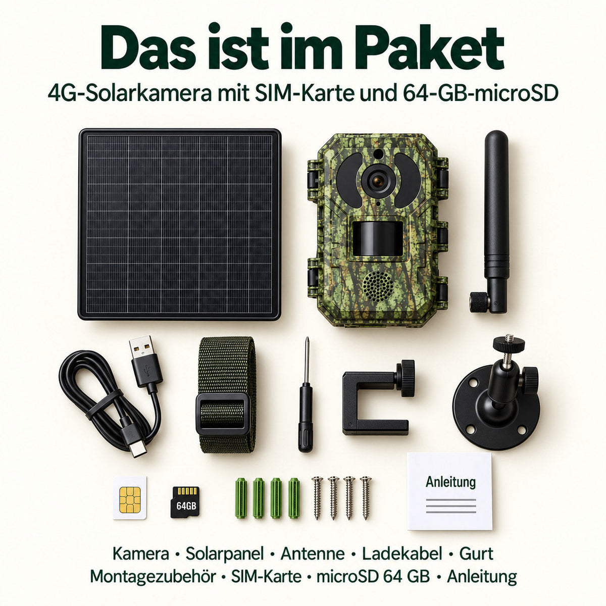 Contenu de la boîte de la caméra solaire 4G avec carte SIM et microSD 64 Go