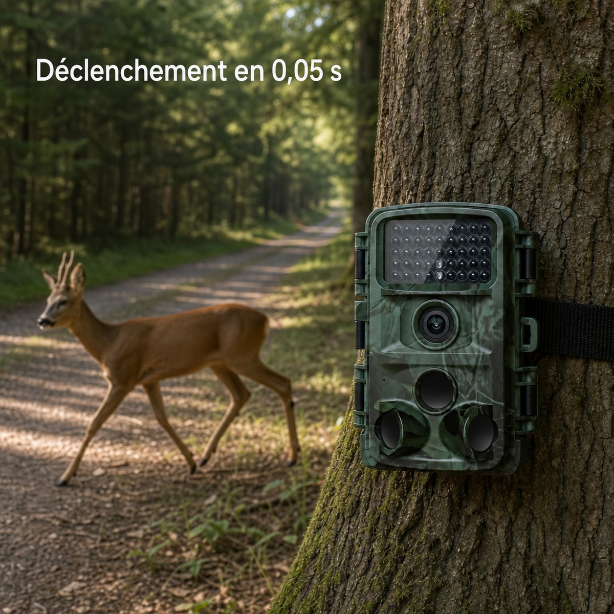 Chevreuil traversant la coulée devant la caméra, déclenchement en 0,05 seconde