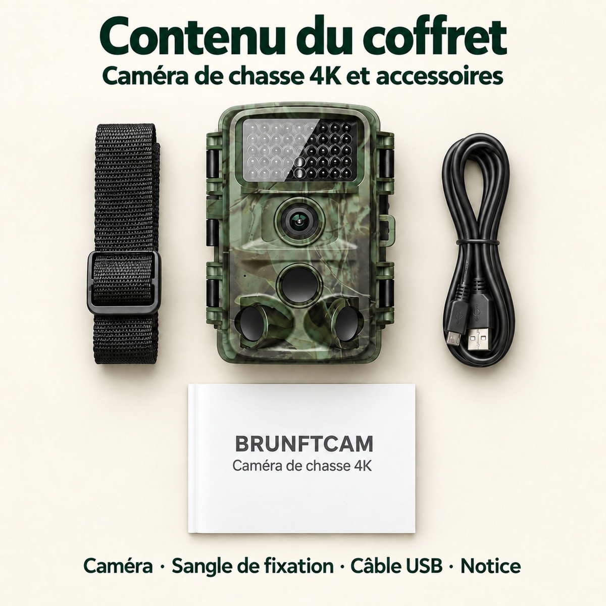 Contenu de la boîte de la caméra 4K : caméra, sangle, câble USB et notice