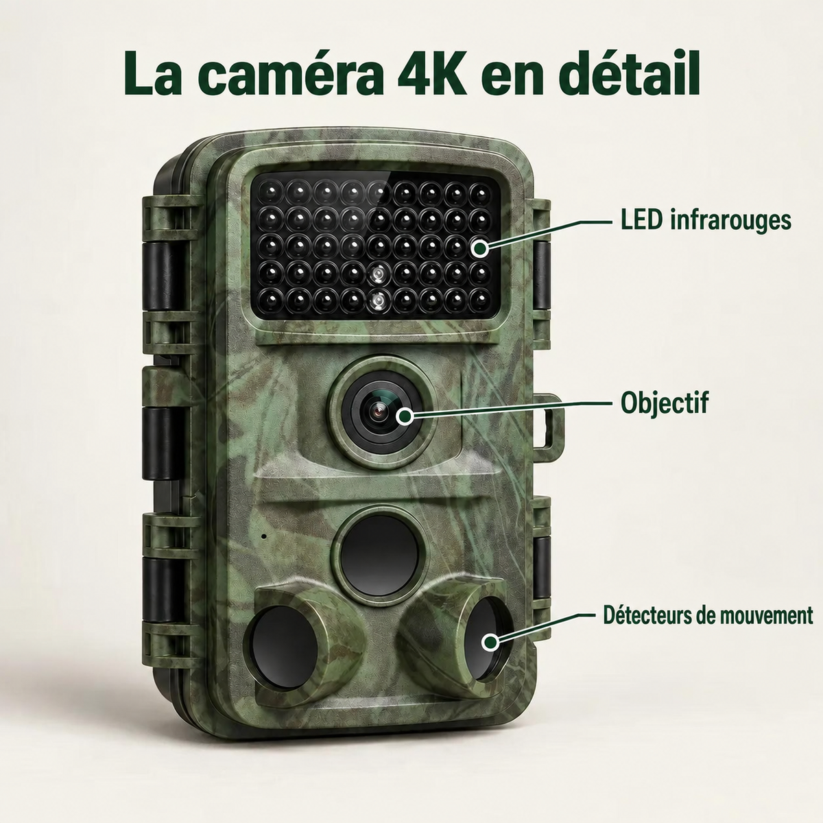 La caméra 4K en détail : LED infrarouges, objectif et capteurs de mouvement