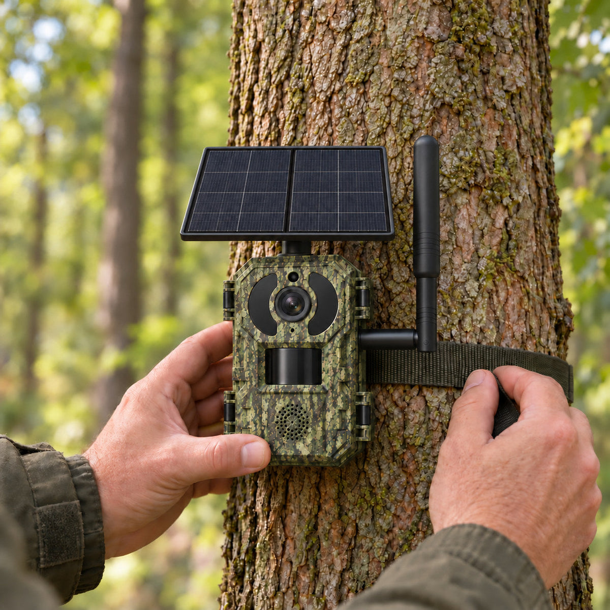 Caméra solaire 4G fixée à un arbre avec une sangle