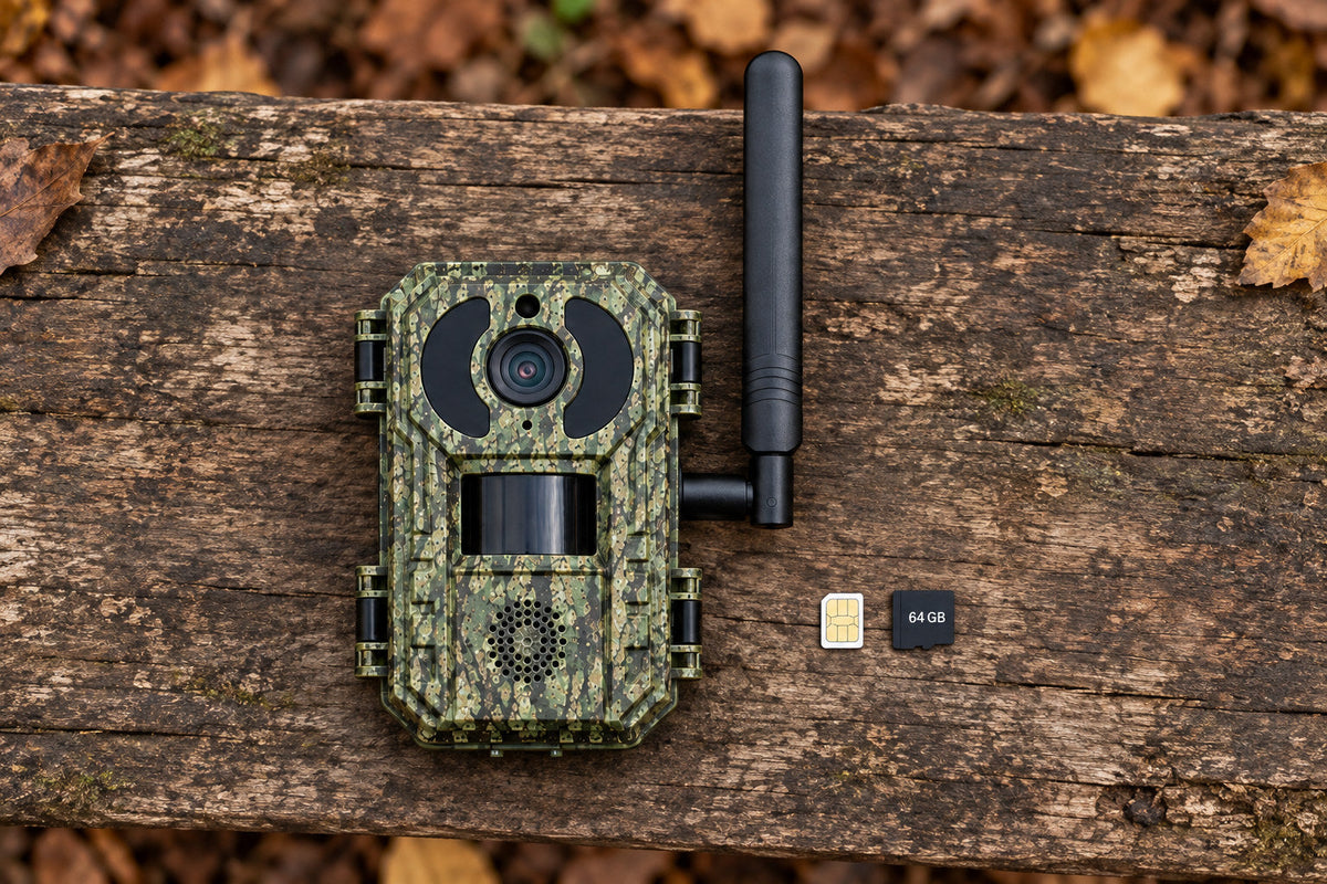 Caméra de chasse 4G avec carte SIM et microSD 64 Go sur une surface en bois