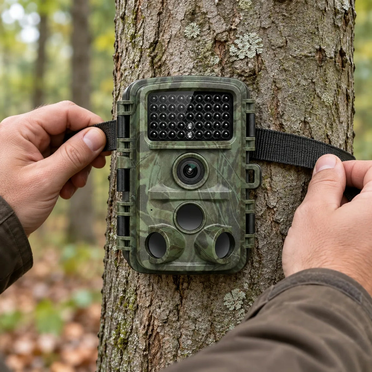 Caméra 4K fixée à l'arbre avec la sangle