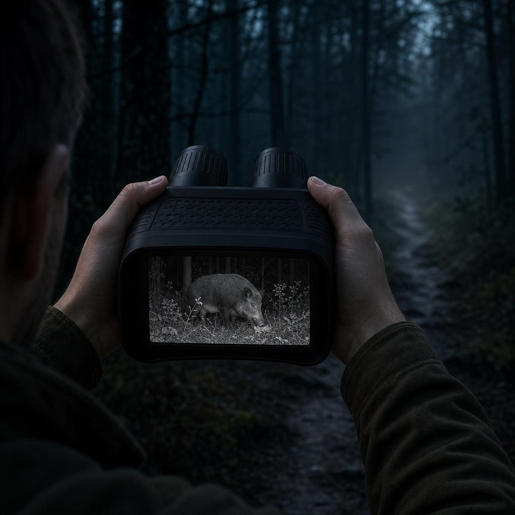 Jumelles de vision nocturne en usage sur un chemin forestier de nuit