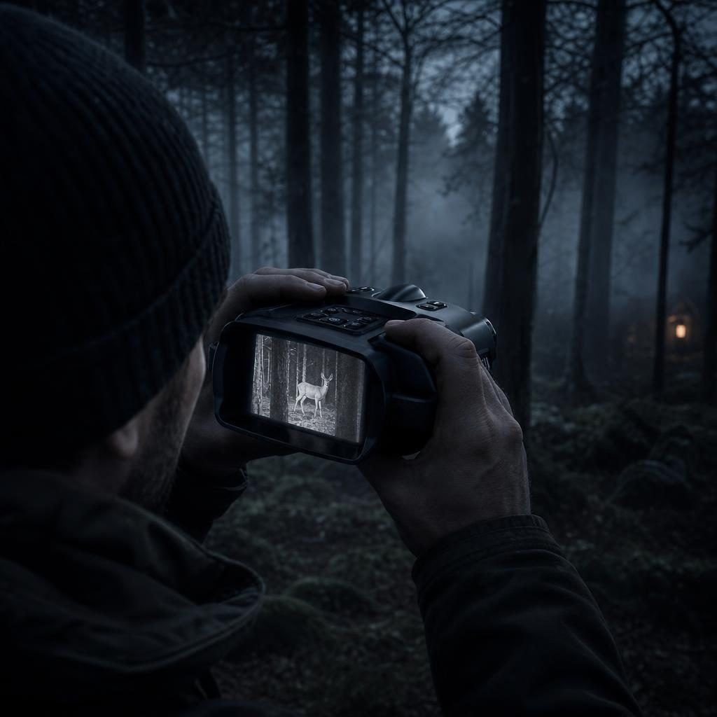 Chasseur observant de nuit un chevreuil en forêt avec les jumelles de vision nocturne