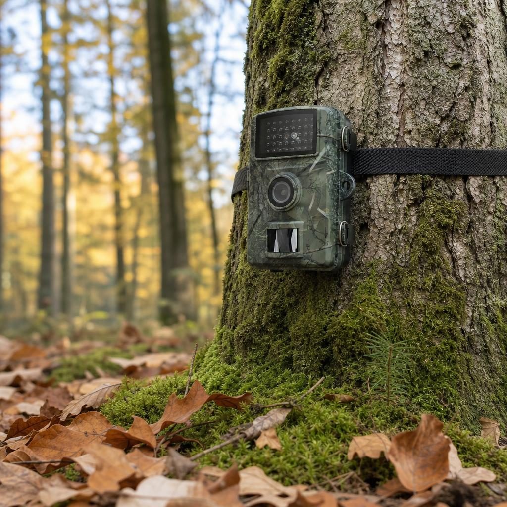 Caméra de chasse fixée avec une sangle sur un épicéa en forêt