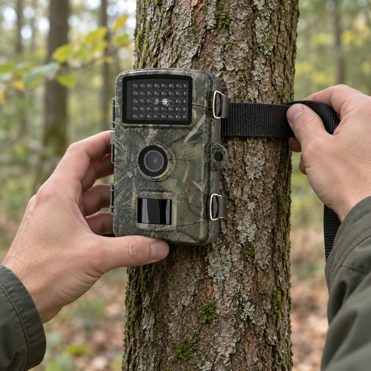 Caméra Full HD fixée à l'arbre avec la sangle