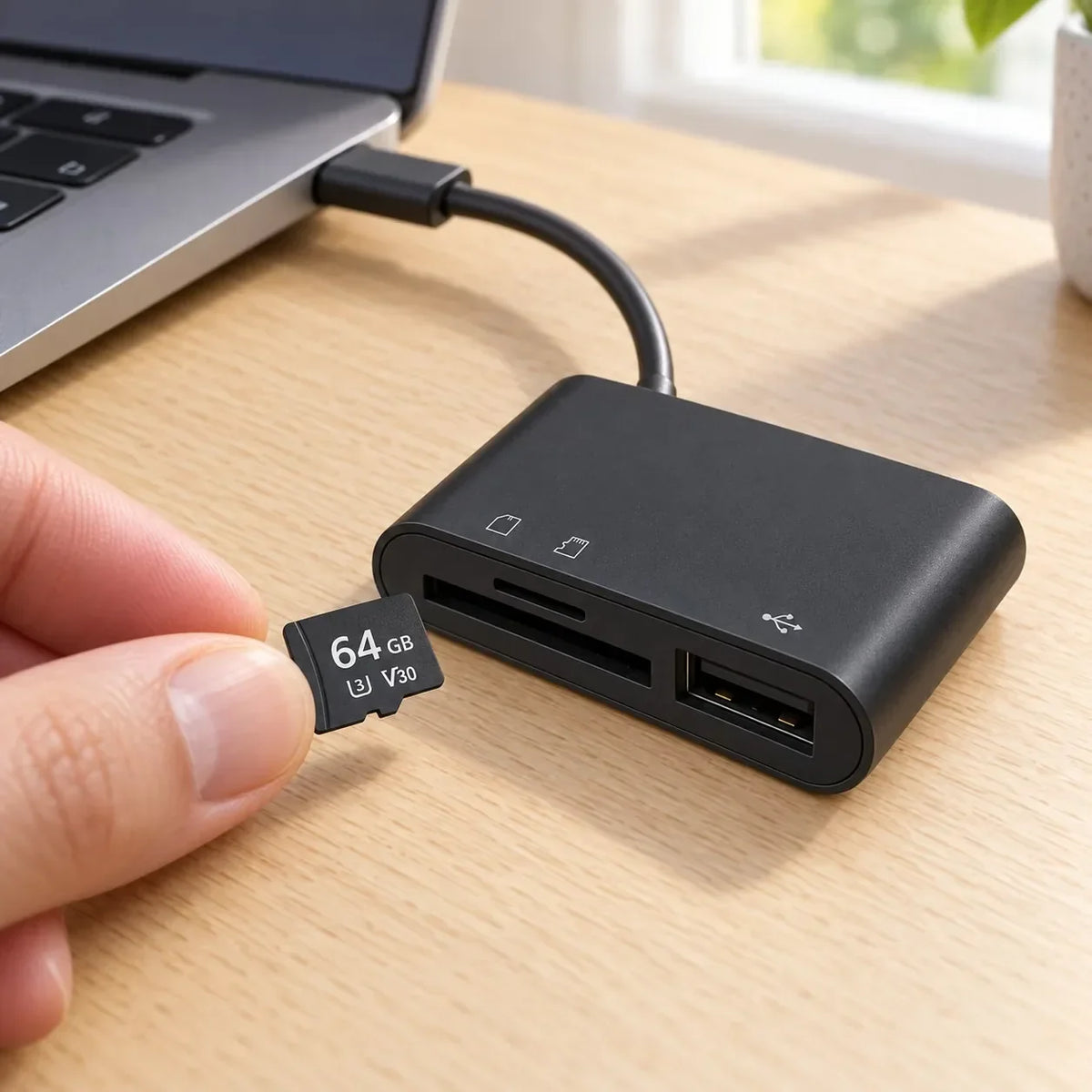 Lecteur USB-C sur un ordinateur portable, insertion d'une carte microSD