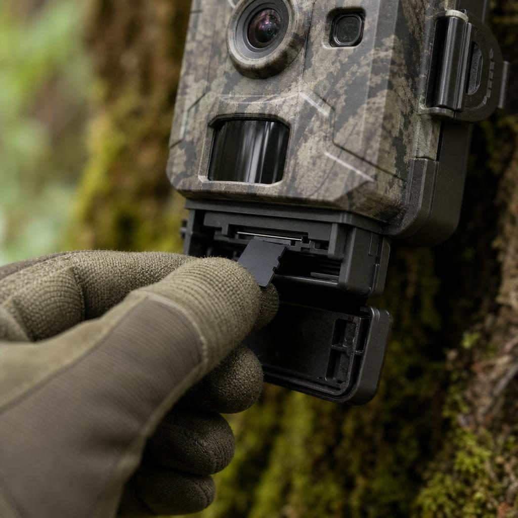 Carte microSD insérée dans le logement d'une caméra de chasse