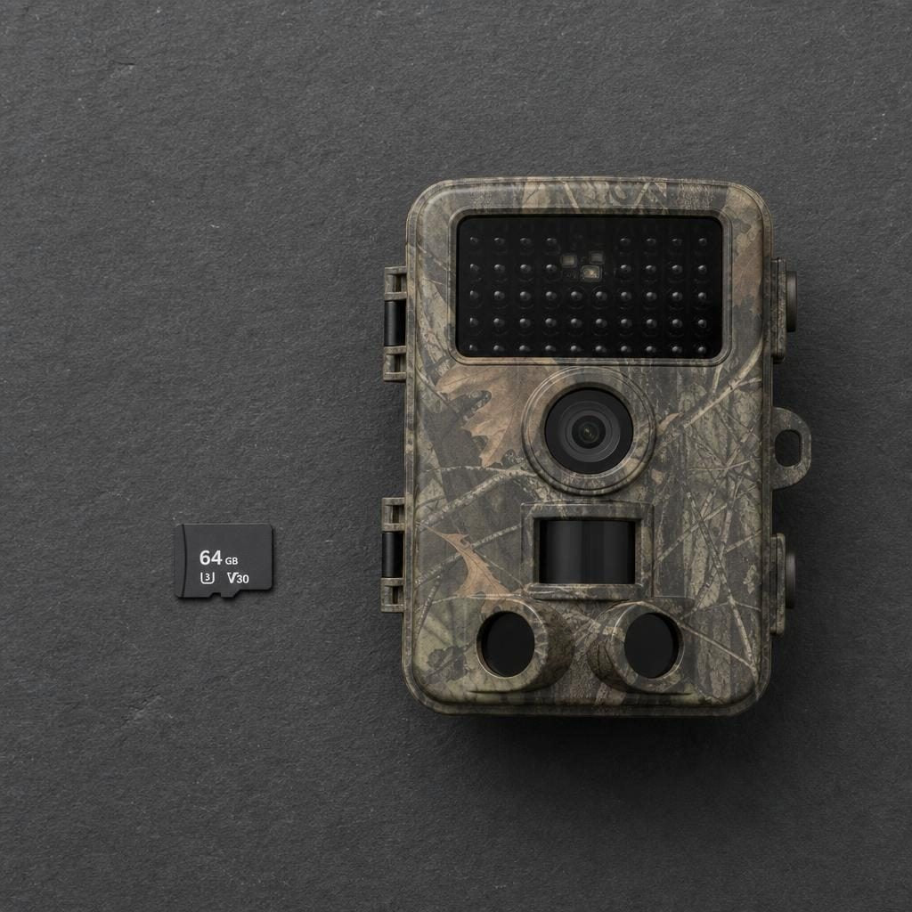 Carte microSD 64 Go à côté d'une caméra de chasse